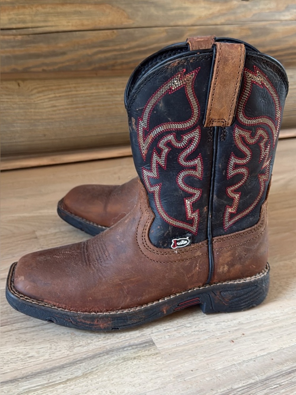 Justin Boots Kids Brown Leather Western Boots with Black Shaft and Red Stitching